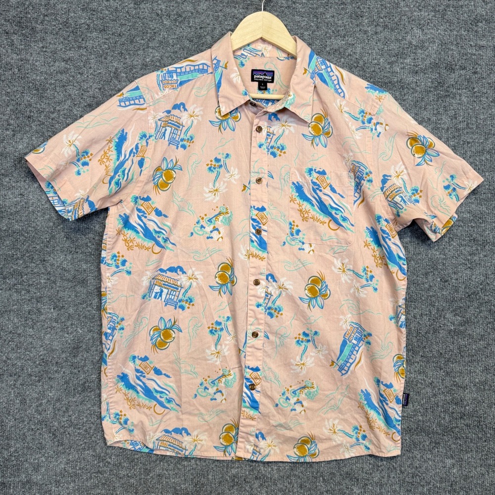 Patagonia Mens Large Go To Shirt Peach Blue Organic Cotton Vacation Resortwear